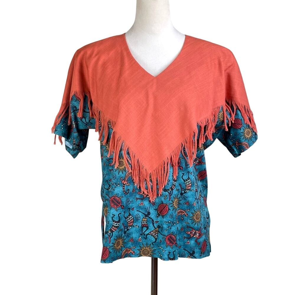 Carolene de Mesilla Vintage Burnt Orange Fringe Layered Shawl Southwestern Top